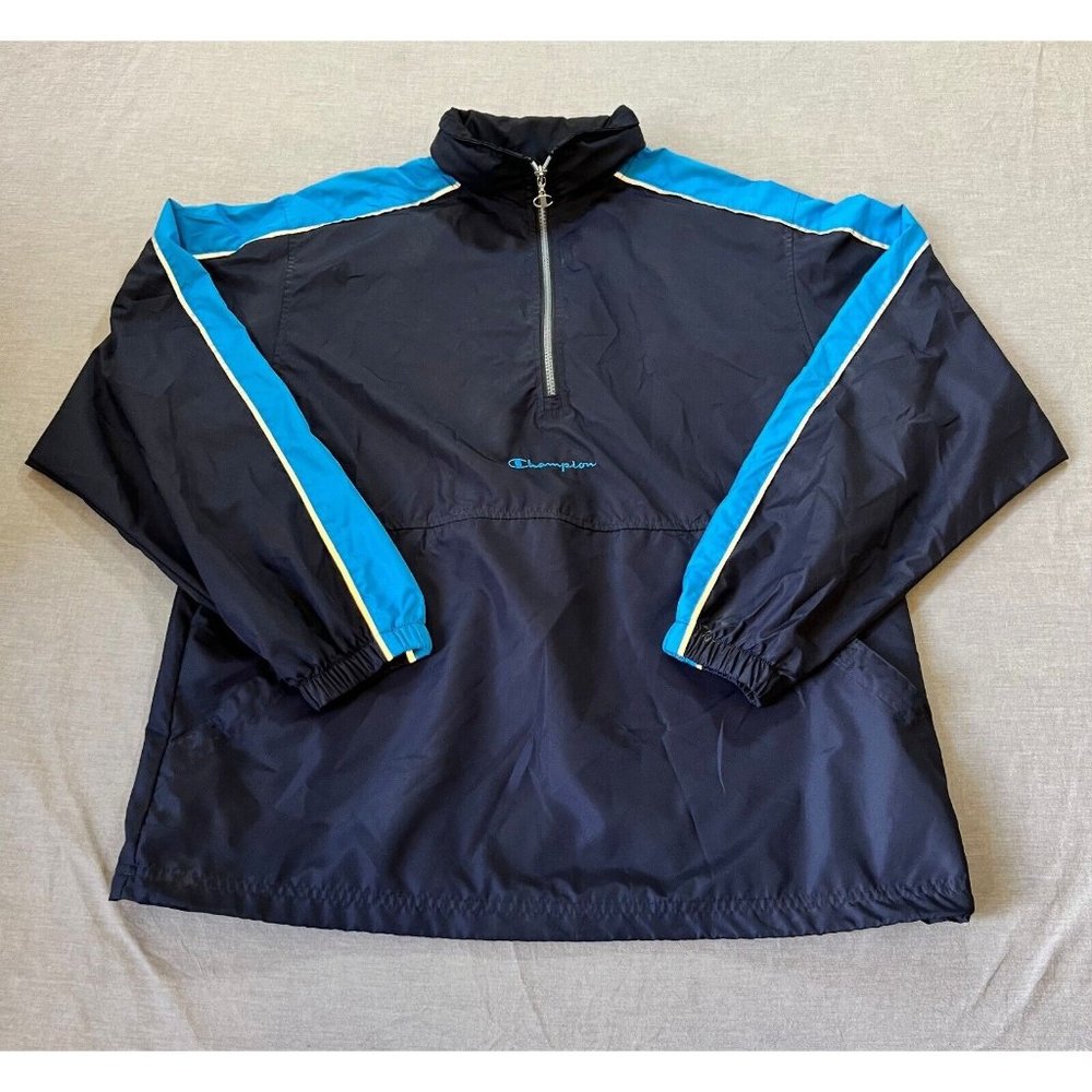 Champion Jacket Adult Medium‎ Blue Striped Long Sleeve 1/4 Zip Windbreaker Mens.
